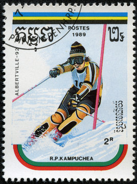 stamp printed by Cambodia shows slalom