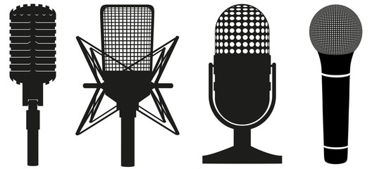 icon set of microphones black silhouette vector illustration