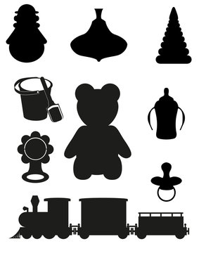 icon of toys and accessories for babies and children black silho