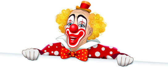 Clown sorridente con vestito a pois e cartello bianco © dunadicarta