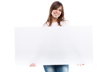Portrait of a young woman with blank billboard