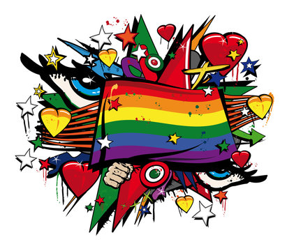 Rainbow peace gay pride flag graffiti pop art illustration