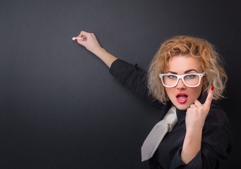 Clever professor woman is ready for writing, space for your text