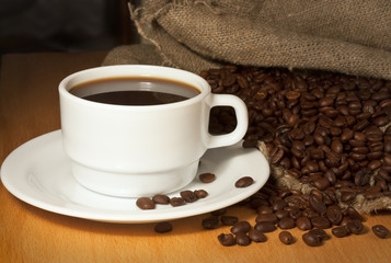 Coffee cup with burlap sack