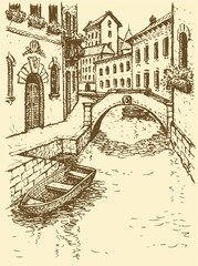 Vector drawing. Canal narrow Venetian street with bridge and gon