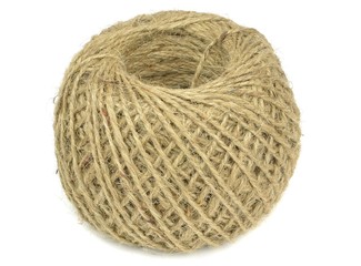 A ball of brown string on a white background