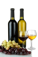 composition of wine and grapes isolated on white