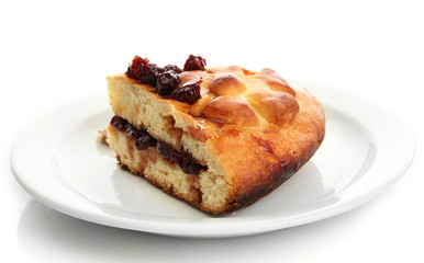 slice of tasty homemade pie with jam, isplated on white