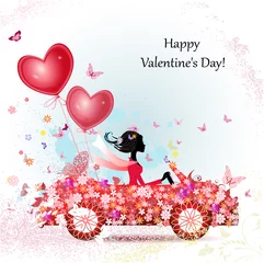 Fotobehang Bloemenmeisje meisje in een auto met valentijnskaarten
