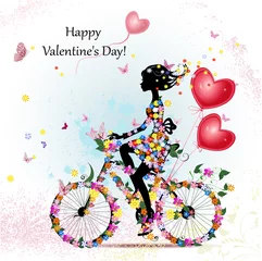 Foto op Plexiglas Vrouw op fiets met valentijnskaarten © Aloksa