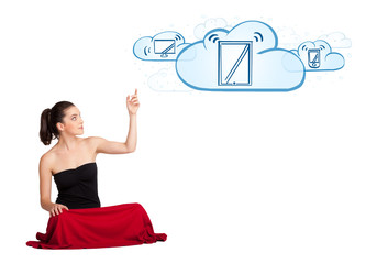 young woman presenting modern devices in clouds