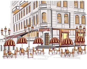 Fototapete Gezeichnetes Straßencafé Reihe von Straßenansichten mit Cafés in der Altstadt