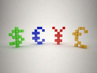 Fototapeta premium Currency symbols. Pound, dollar, euro and yen signs in pixel art