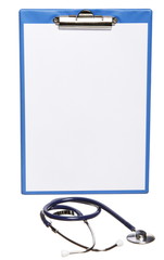 Blank medical clipboard with stethoscope isolated