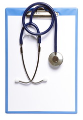 Blank medical clipboard with stethoscope isolated