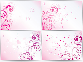 Set of cards with floral background and hearts