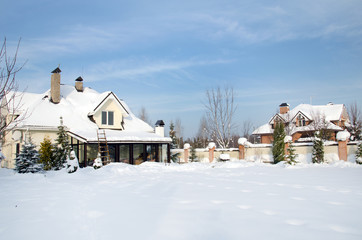 houses and their gardens under snow in winter