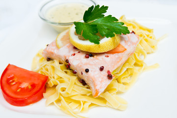 plate of pasta and smoked salmon