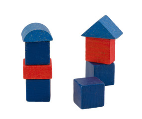 red blue wood log toy tower construction isolated