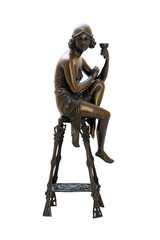 Bronze antique figurine of naked woman sitting on the chair.