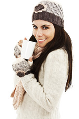 Winter woman drinking tea on white background