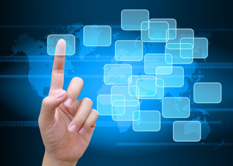 hand pushing button on a touch screen interface