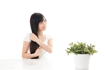 attractive asian woman on white background