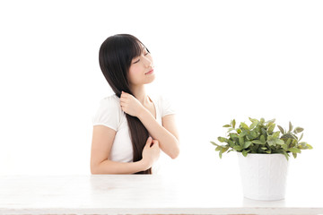 attractive asian woman on white background