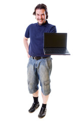 Mid-aged man in blue shirt holding netbook