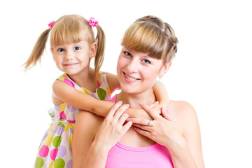 Happy mother and child girl isolated on white background