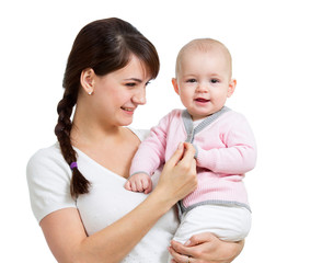 Happy mother holding her daughter child isolated