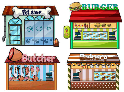 Petshop, burger stand, butcher shop, and bakery