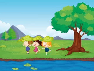 Möbelaufkleber Drei Mädchen spielen am Teich © GraphicsRF