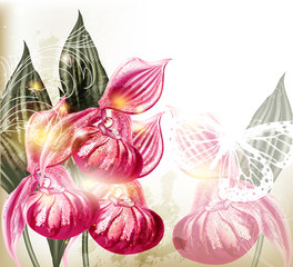 Grunge vector background with  realistic pink orchids