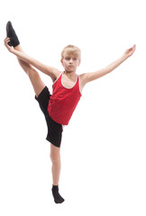 Boy doing vertical splits, on white background