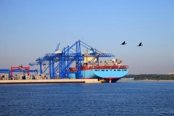 Huge Container Ship during loading in port terminal