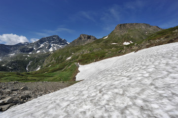 Snow in the summer under the mountains