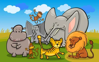 Afwasbaar Fotobehang Zoo Afrikaanse safari wilde dieren cartoon afbeelding