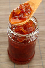 tasty homemade jam, on bamboo mat