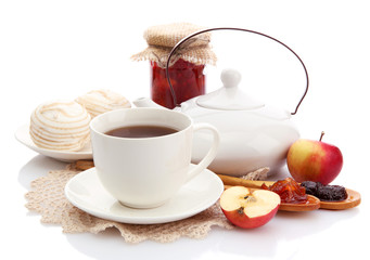 light breakfast with tea and homemade jam, isolated on white