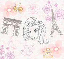 Abwaschbare Fototapete Doodle Paris nahtloses Muster