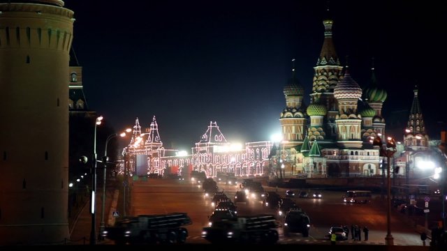 Rocket motorcade ride by quay of Moscow Kremlin