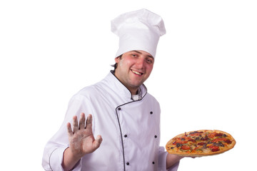 male chef holding a pizza box open