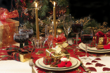 Traditional Christmas table setting.
