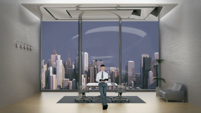 Young Businessman Reading in Office Room with City Skyline