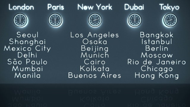 World Clocks and Big Cities Background in Dark Room