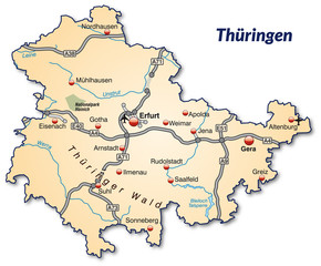 Landkarte von Thüringen mit Verkehrsnetz