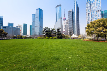 Obraz premium city park with modern building background in shanghai