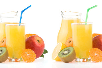 ripe fruits and juice in glass