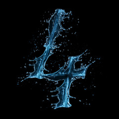 Water splashes number "4" isolated on black background
